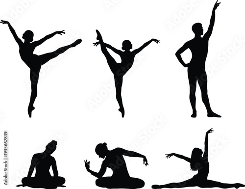 Black ballet dancer silhouettes performing various graceful poses, artistic yoga and gymnastics movements, set of isolated vector figures for design.