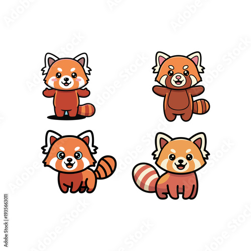 Cute Red Panda Cartoon Set Illustration, Adorable Kawaii Red Panda Characters Collection Isolated on White Background
