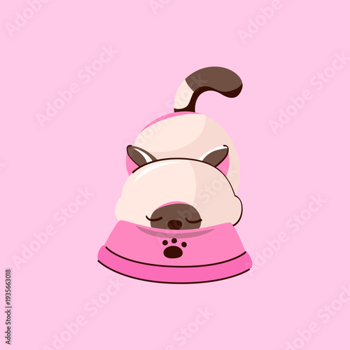 A cute cat bending down to eat food, hand-drawn.