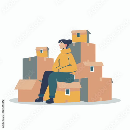 Woman sitting on moving boxes relocation new life concept illustration