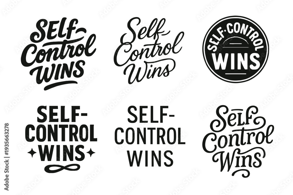 Fototapeta premium Diverse Lettering Styles. Self-Control Wins. Set lettering. harmonious lettering variations of the same emblematic concept, each with different artistic