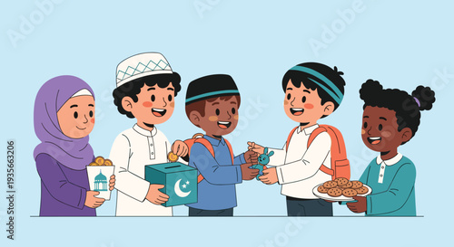 Ramadan Kareem Night Illustration with Mosque, Lanterns, Crescent Moon and Iftar Dates