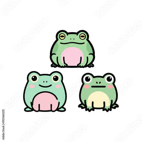 Cute Cartoon Frog Set Illustration, Adorable Green Frogs with Simple Kawaii Style on White Background