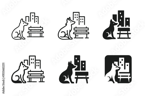 Urban Wildlife Icons. Urban wildlife. Icon set. Set Logo of Urban wildlife: coyote near city park bench. harmonious logo variations of the same emblematic