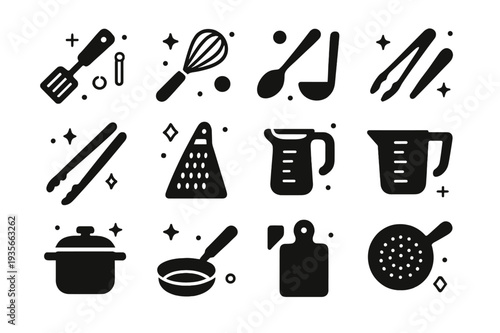 Cooking Utensils Icons. Cooking Utensils. Solid icons set of Cooking Utensils: spatula, whisk, ladle, wooden spoon, tongs, grater, peeler, measuring cup, pot,