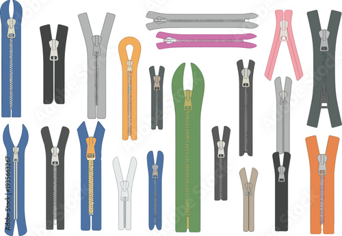 Colorful zipper collection set with different styles isolated on white background, clothing fasteners, sewing accessories, fashion design elements, tailoring resource illustration