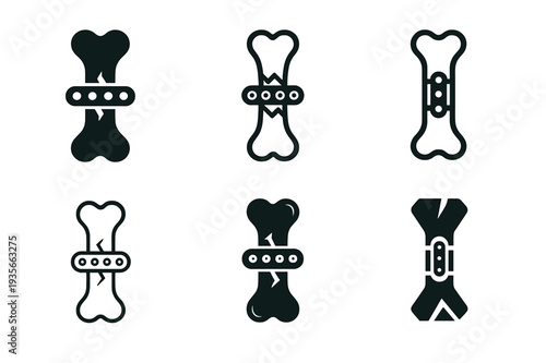 Bone Healing Logos. How bones heal after an injury. Icon set. Set Logo of How bones heal after an injury: bone alignment with metal plate fixation. harmonious