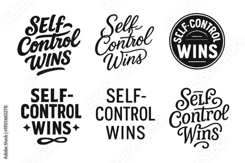 Diverse Lettering Styles. Self-Control Wins. Set lettering. harmonious lettering variations of the same emblematic concept, each with different artistic
