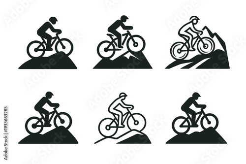 Mountain Biking Logos. Mountain biking. Set Logo of Mountain biking: cyclist climbing hill trail. harmonious logo variations of the same emblematic concept,