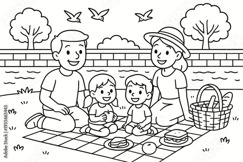 Family Picnic Coloring Page. Picnic by the embankment children?s coloring book illustration, outlined drawing, smiling family having a picnic on the grass