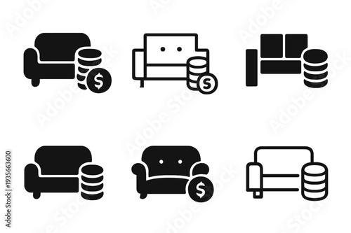 Budget Home Decor Icons. Home decor on a budget. Icon set. Set Logo of Home decor on a budget: budget-friendly sofa. harmonious logo variations of the same