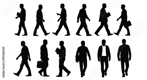 Collection of diverse businessman silhouettes walking and standing ready for business use