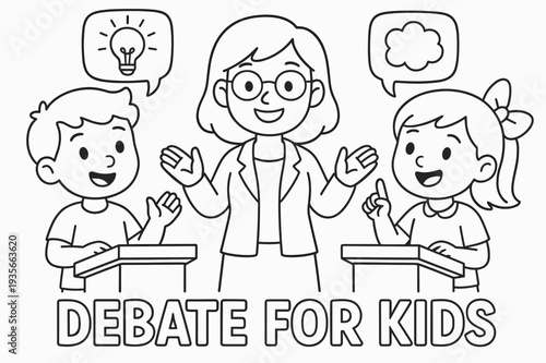 Kid's Debate Coloring. Debate for kids children?s coloring book illustration, outlined drawing, two friendly children standing at small podiums discussing
