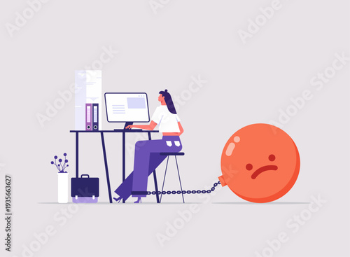 Overworked or overwhelmed concept, stressed burden, anxiety or mental health, depressed businesswoman chain with sad face burden