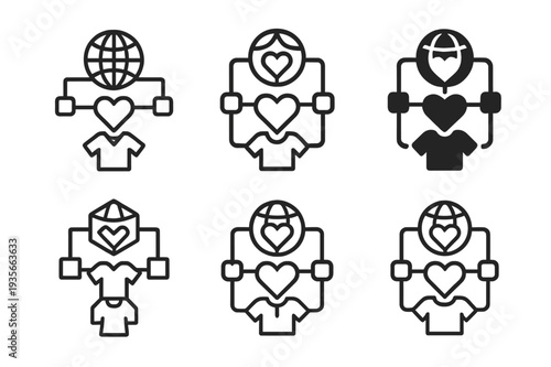 Ethical Fashion Icons. Ethical fashion. Icon set. Set Logo of Ethical fashion: transparent supply chain map. harmonious logo variations of the same emblematic