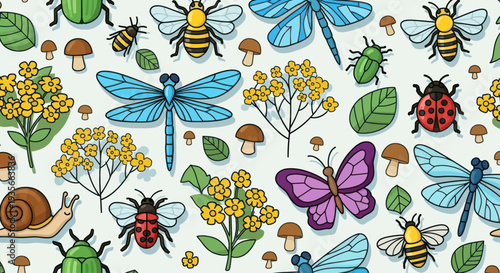 Colorful Insects and Garden Elements Illustration.