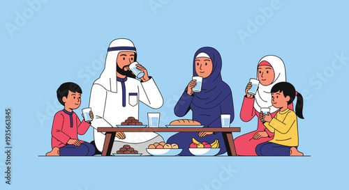 Iftar Ramadan Kareem Night Illustration with Mosque, Lanterns, Crescent Moon and Iftar Dates