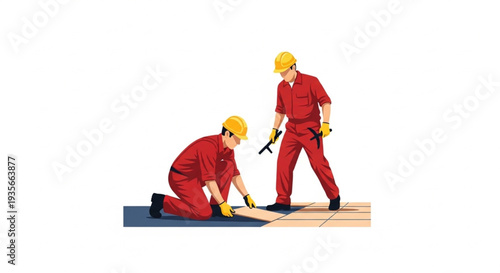 Two construction workers in red uniforms and yellow helmets working on a wooden floor.