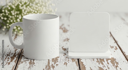 White coffee mug and square coaster on rustic wooden table with flowers
