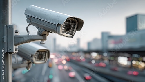 Surveillance cameras monitor busy city traffic at dusk