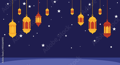 Ramadan Kareem Night Illustration with Mosque, Lanterns, Crescent Moon and Iftar Dates