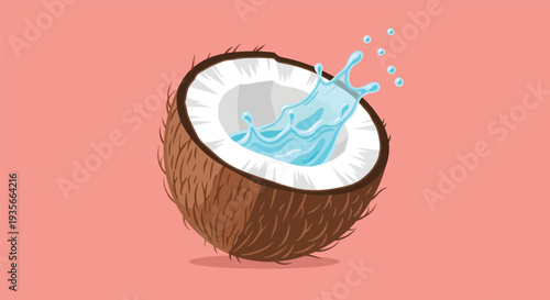 Fresh coconut with splashing coconut water on pink background