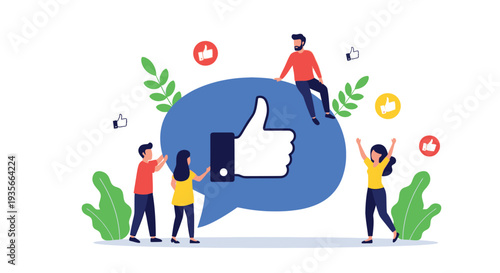 People interact with a large social media like button graphic for community feedback illustration.