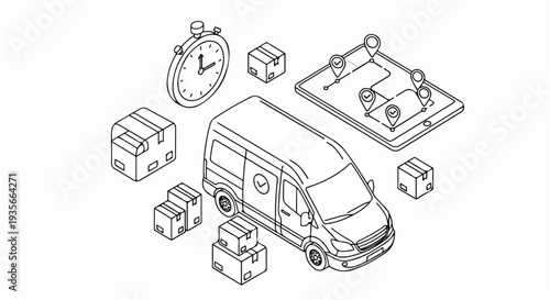 Logistics and Express Delivery Concept: Isometric Illustration of Cargo Van, Tracking Tablet, and Shipping Boxes