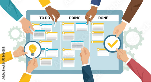 Team collaboration illustrated vector graphic showing tasks moving across a scrum or kanban project management board