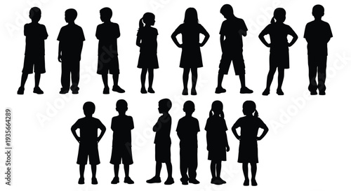 Diverse collection of standing children silhouettes in various casual poses isolated on white
