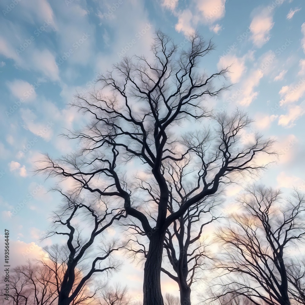 Obraz premium Whispering giants against a cotton candy sky, branches like ethereal ink strokes on a canvas of dawn, pastel, soft colors
