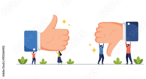 Vector graphic illustration showing tiny people supporting huge thumbs up and thumbs down evaluation symbols