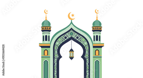 Ramadan Kareem Night Illustration with Mosque, Lanterns, Crescent Moon and Iftar Dates