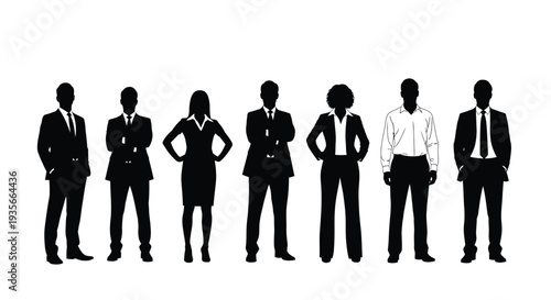 Collection of seven diverse business professional silhouettes standing together representing corporate team diversity