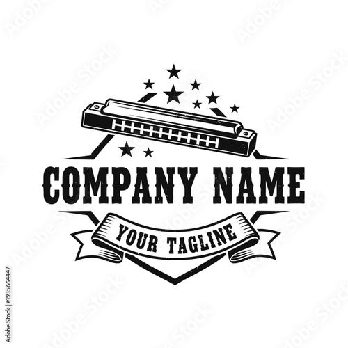 Harmonica music instrument logo with stars and banner design.