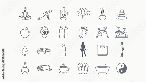 A collection of 25 black line icons depicting various wellness and lifestyle symbols on a white background with a minimalist design.