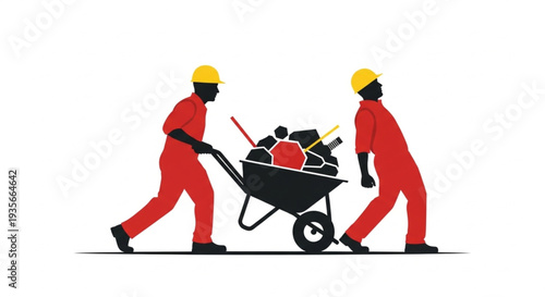 Two construction workers pushing a wheelbarrow full of debris.