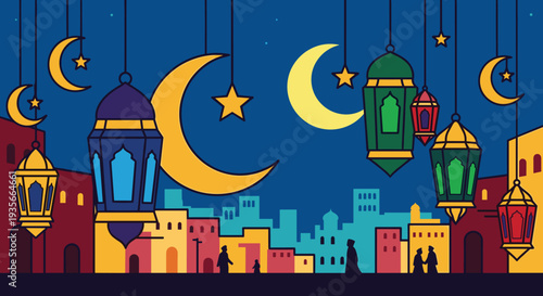Ramadan Kareem Night Illustration with Mosque, Lanterns, Crescent Moon and Iftar Dates