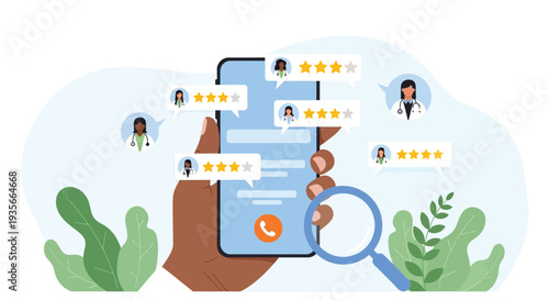 Vector graphic illustration of a hand holding a smartphone with doctor reviews and a magnifying glass