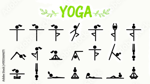 Graphic illustration of various yoga poses with green leafy design and 'YOGA' text on a white background.