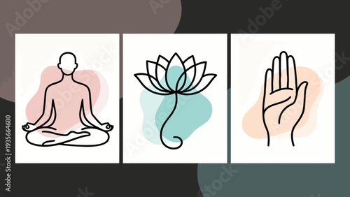 Minimalist illustration of a meditating person, a lotus flower, and a hand in a calming setting with soft colors.