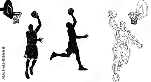 Basketball player silhouettes and line art drawing featuring slam dunk action at the hoop for cad drawing flat vector illustration.