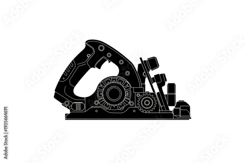 Electric planer tool: This technical illustration depicts an electric planer tool, its intricate mechanism highlighted in a sleek outline, showcasing precision and industrial design.