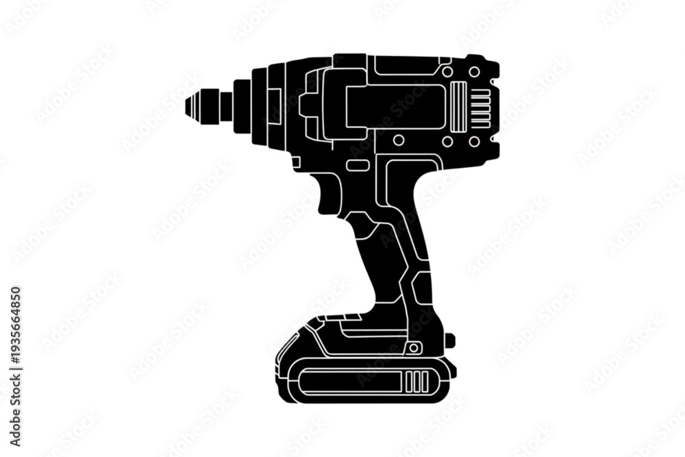 Naklejka premium Power Drill Silhouette: A modern power drill in silhouette, symbolizing precision, power, and the essence of construction and renovation work.