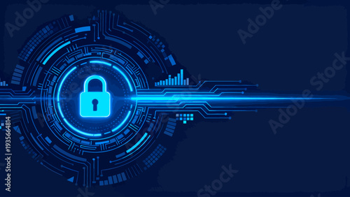 Digital illustration of a blue lock icon surrounded by circuit board patterns and neon light effects on a dark background with a futuristic feel.