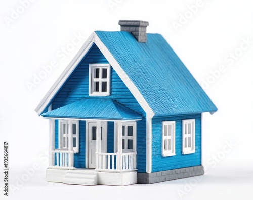 A blue, two-story model house with white trim and a gray chimney