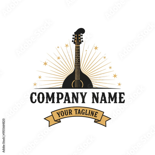Mandolin musical instrument logo with sunburst and stars for company branding.