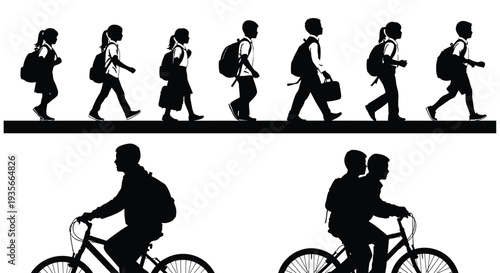 Diverse group of students walking and cycling to school, carrying backpacks and bags, in a vector illustration.