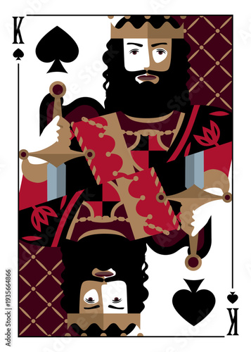 A King of Spades poker playing card (63,5x88,9 mm) in a modern minimalist flat design with the character's portrait facing up. Vector illustration