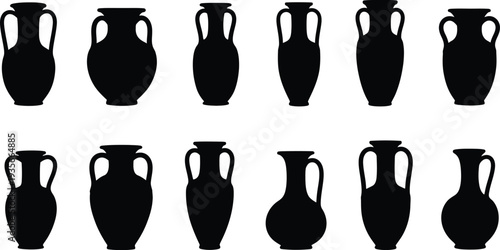 Collection of 12 black silhouette ancient greek or roman style amphorae vases
